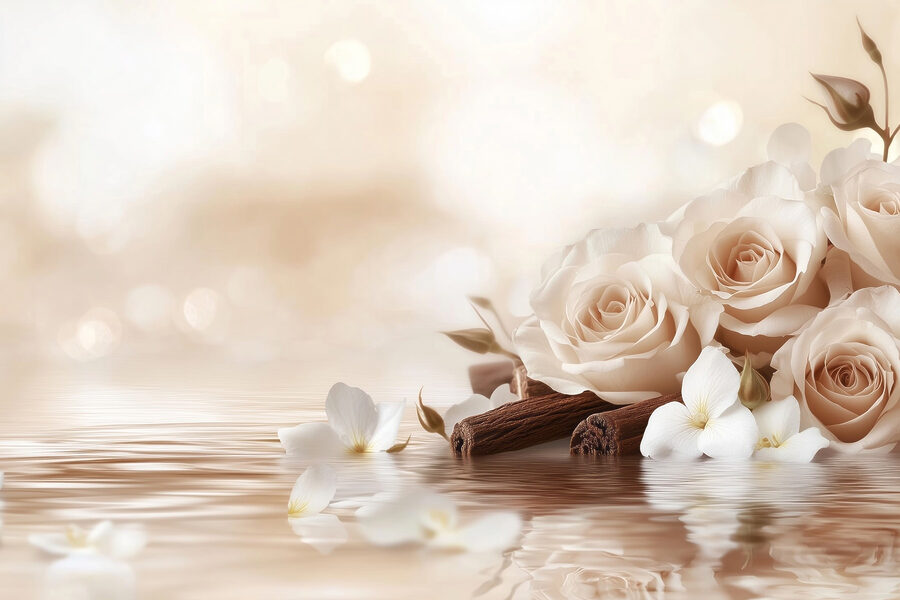 Gruppe von weißen Rosen und Zimtstangen in Wasser