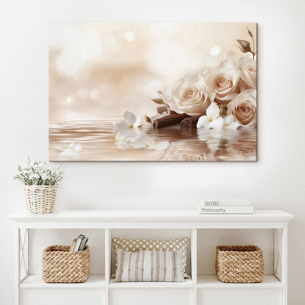 Group of white roses and cinnamon sticks in water