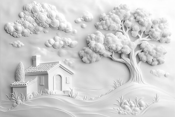 Weißes Wandbild mit Haus und Baum Weißes Wandbild mit Haus und Baum