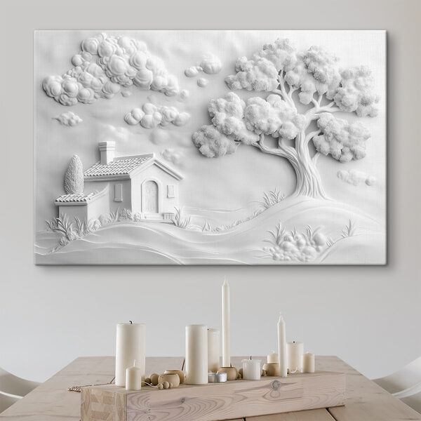 Weißes Wandbild mit Haus und Baum Weißes Wandbild mit Haus und Baum