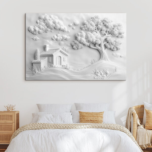 Weißes Wandbild mit Haus und Baum Weißes Wandbild mit Haus und Baum