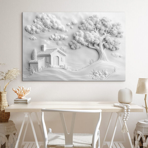 Weißes Wandbild mit Haus und Baum Weißes Wandbild mit Haus und Baum