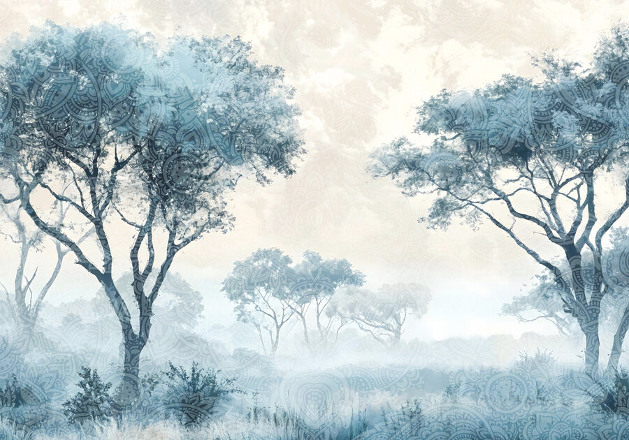 Neblige Landschaft mit Bäumen und Pflanzen