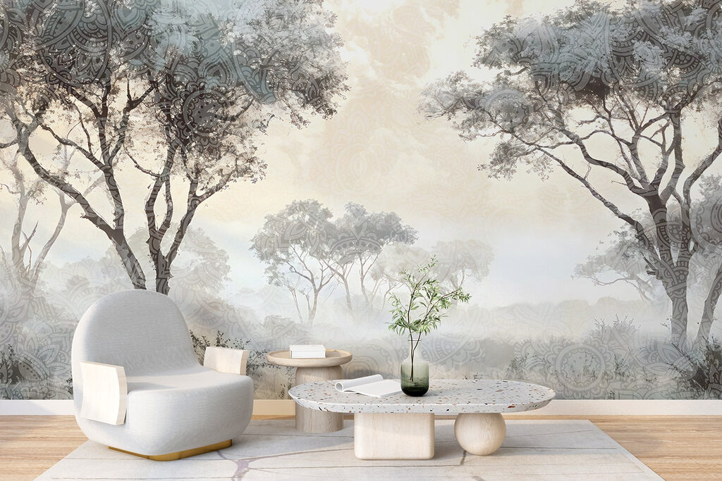 Foggy landscape with trees and plants Foggy landscape with trees and plants