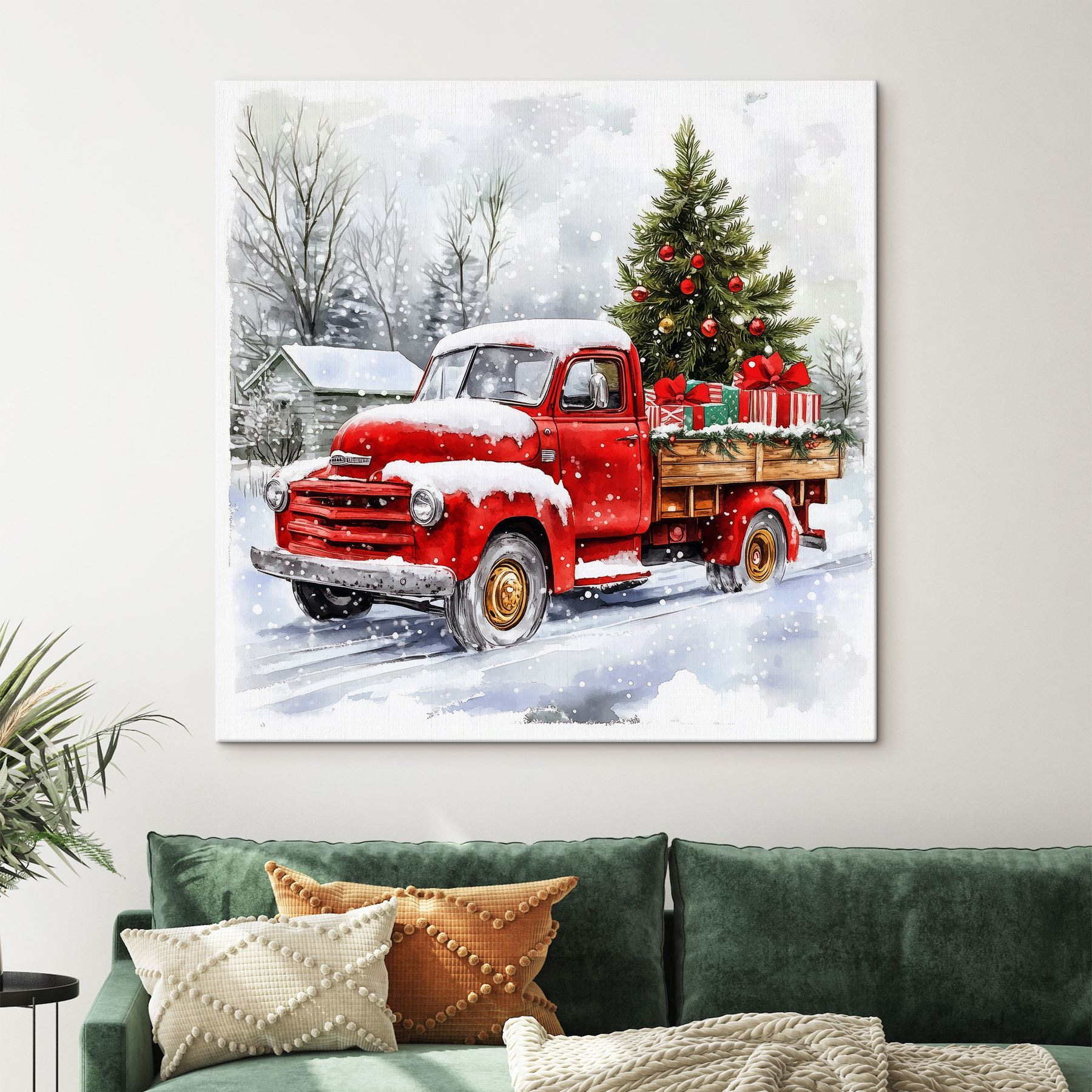 Red truck with a christmas tree on the back