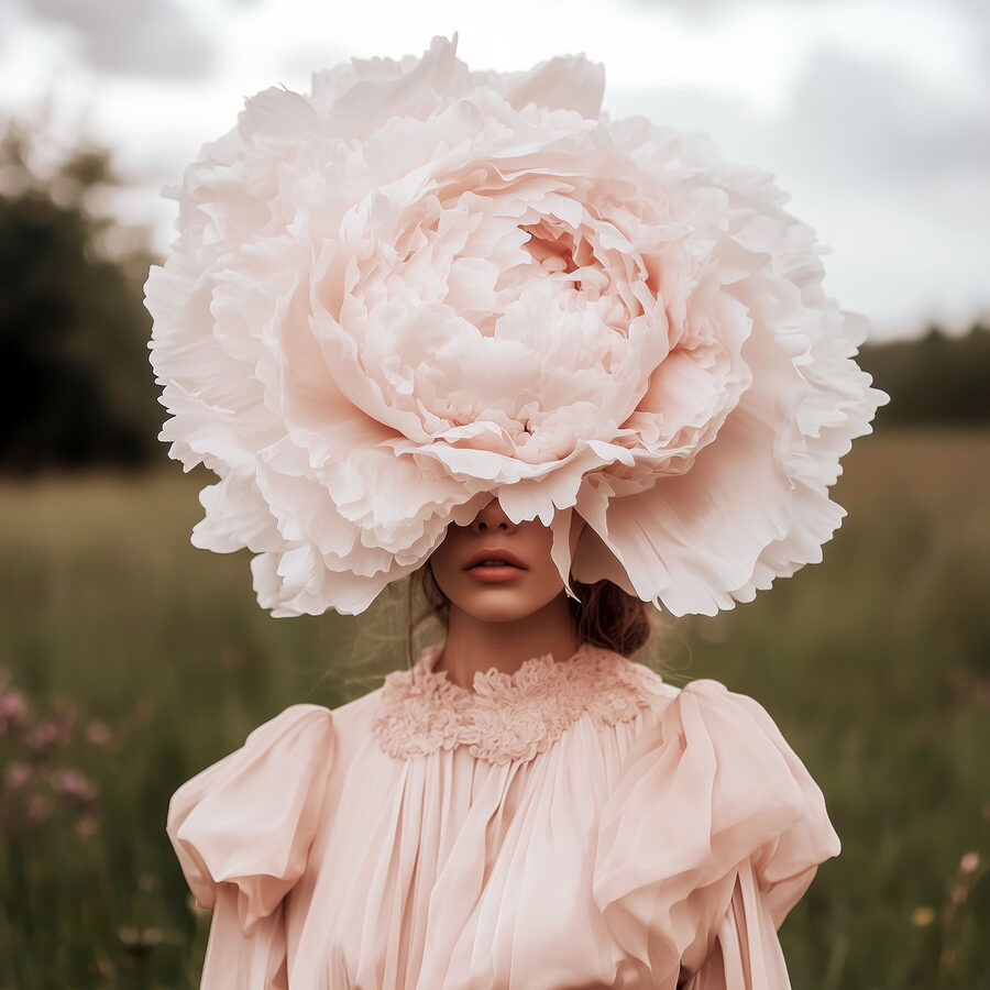 Frau in einem Kleid mit einer großen Blume über ihrem Gesicht Frau in einem Kleid mit einer großen Blume über ihrem Gesicht