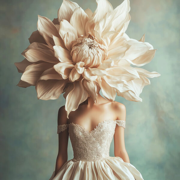 Frau in einem Kleid mit einer großen Blume auf dem Kopf Frau in einem Kleid mit einer großen Blume auf dem Kopf
