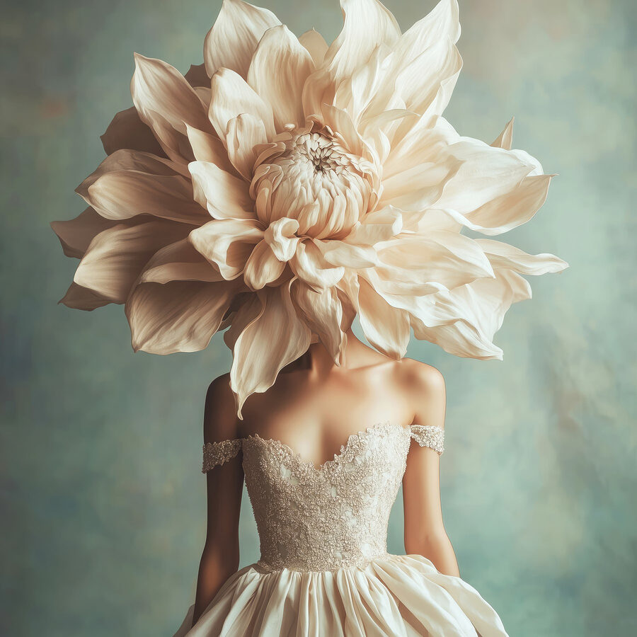 Frau in einem Kleid mit einer großen Blume auf dem Kopf