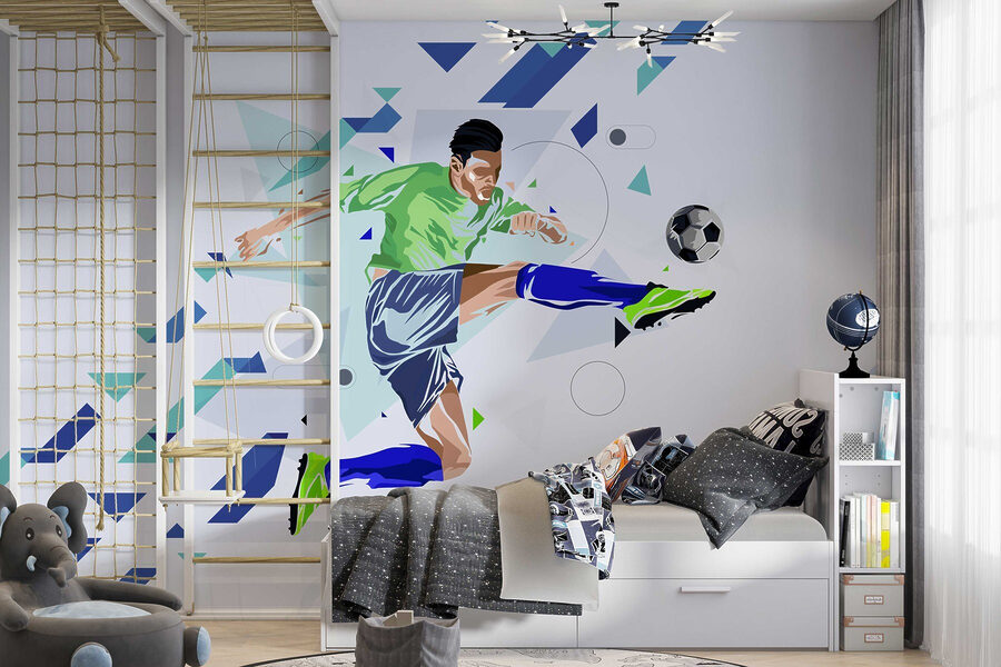 Fototapeten Mann, der einen Fußball schießt