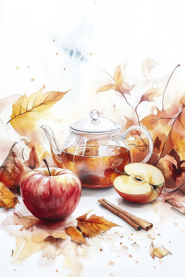 Aquarellmalerei einer Teekanne und Äpfel Aquarellmalerei einer Teekanne und Äpfel