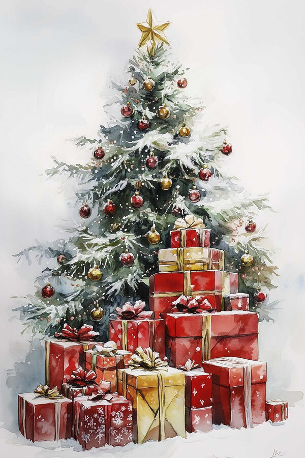 Aquarell von Geschenken unter einem Weihnachtsbaum Aquarell von Geschenken unter einem Weihnachtsbaum