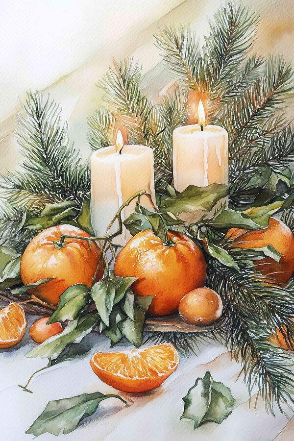 Aquarellmalerei von Orangen und Kerzen auf einem Tisch Aquarellmalerei von Orangen und Kerzen auf einem Tisch