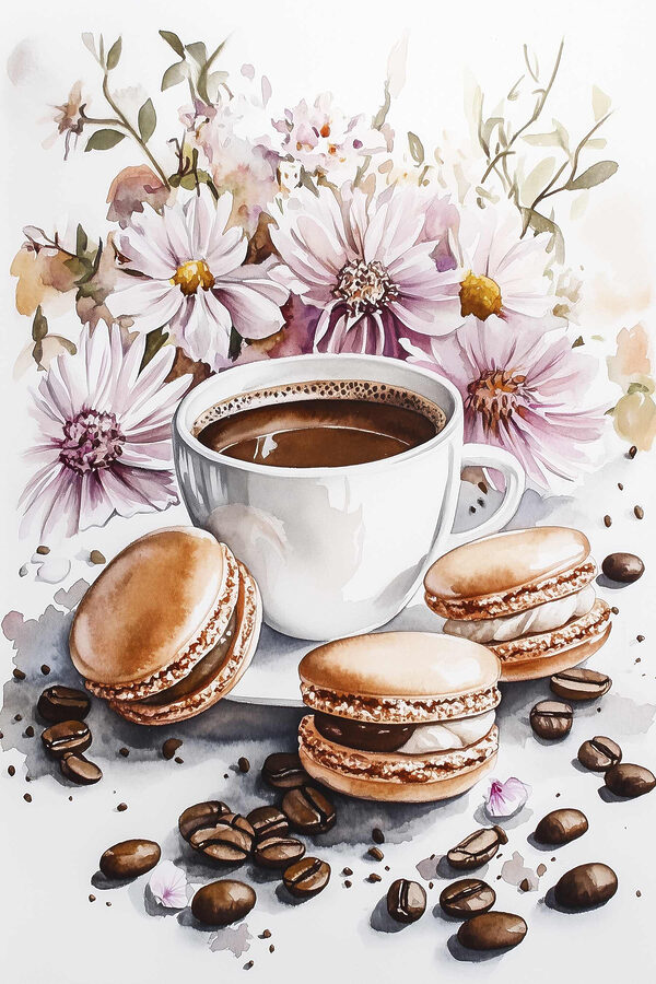 Aquarellmalerei einer Tasse Kaffee und Keksen Aquarellmalerei einer Tasse Kaffee und Keksen