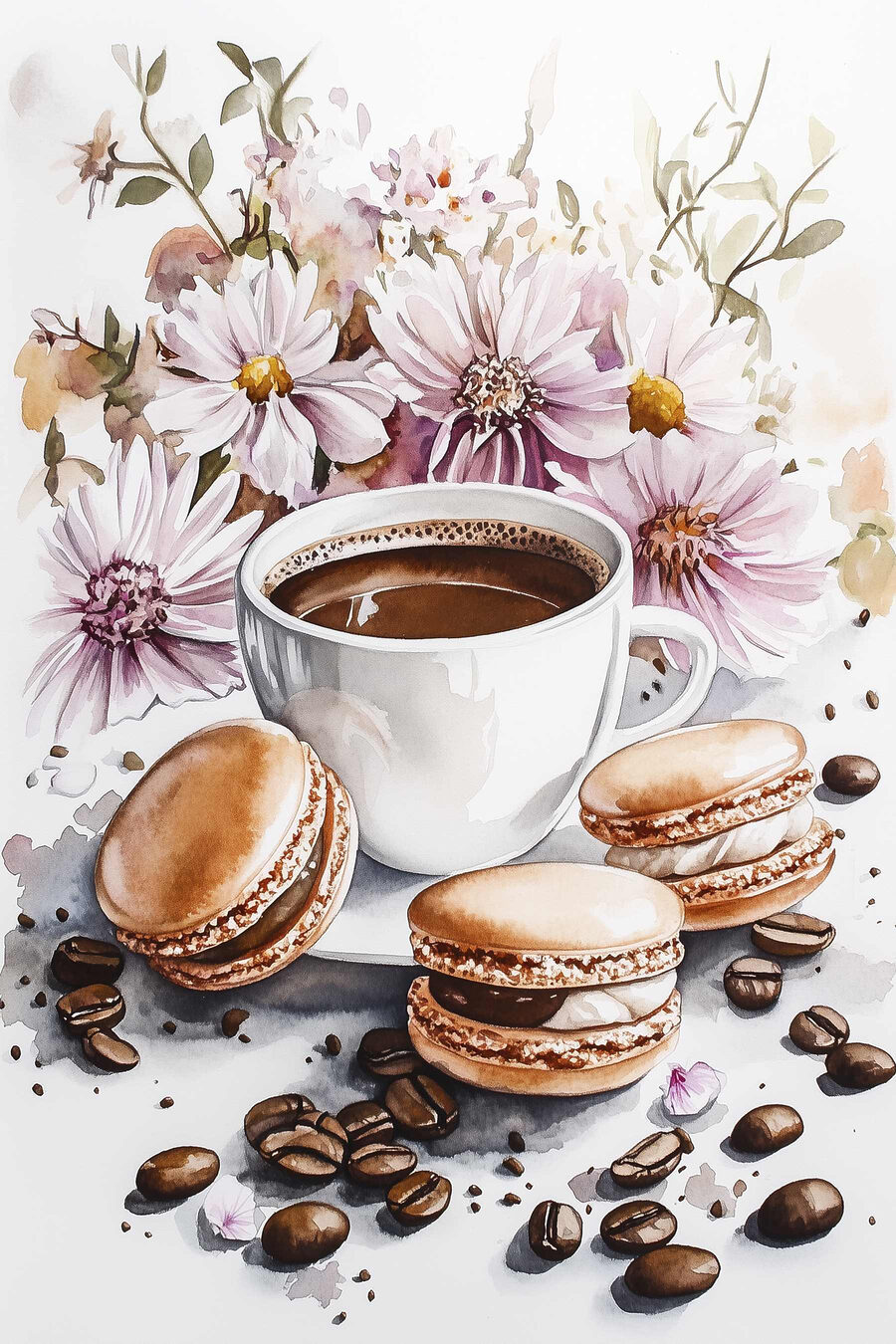 Aquarellmalerei einer Tasse Kaffee und Keksen Aquarellmalerei einer Tasse Kaffee und Keksen