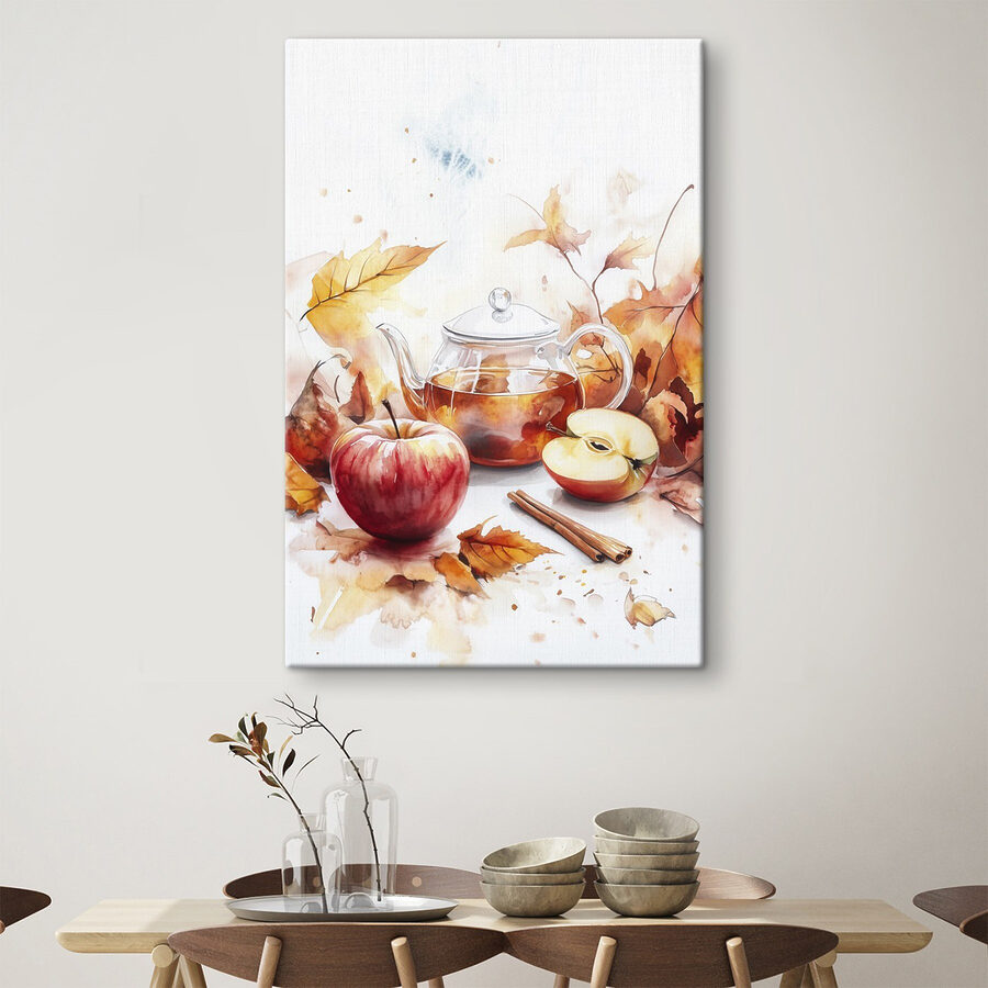 Aquarellmalerei einer Teekanne und Äpfel