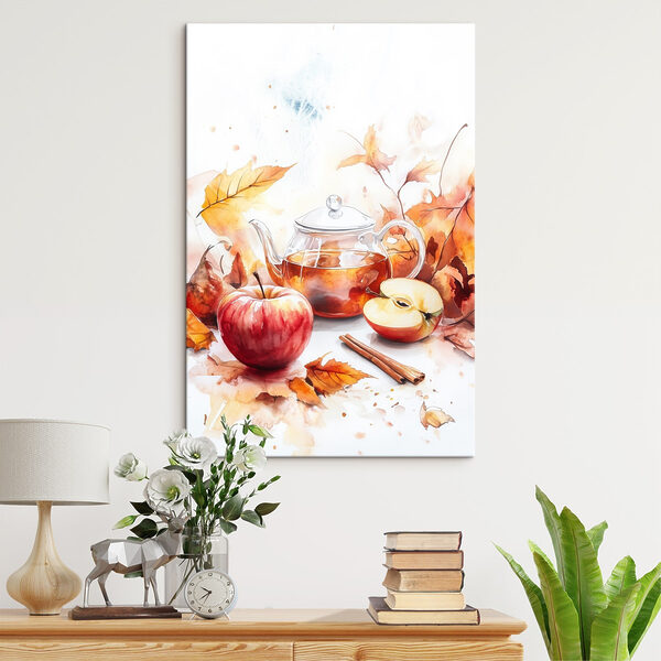 Aquarellmalerei einer Teekanne und Äpfel Aquarellmalerei einer Teekanne und Äpfel