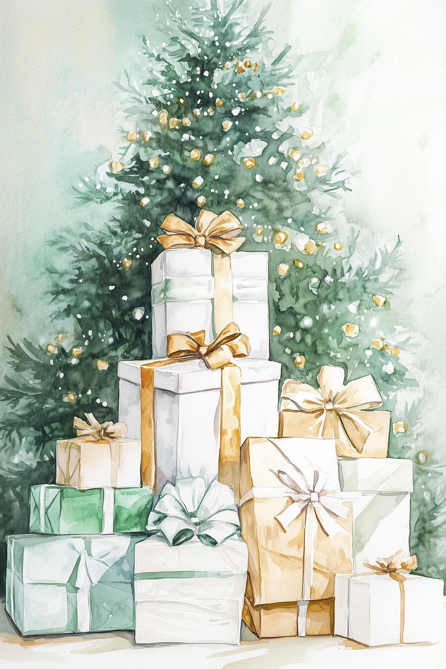 Aquarell von Geschenken unter einem Baum Aquarell von Geschenken unter einem Baum