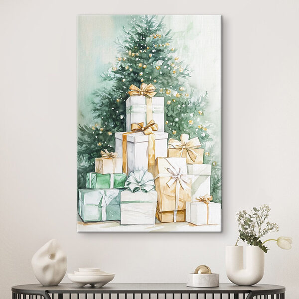 Aquarell von Geschenken unter einem Baum Aquarell von Geschenken unter einem Baum