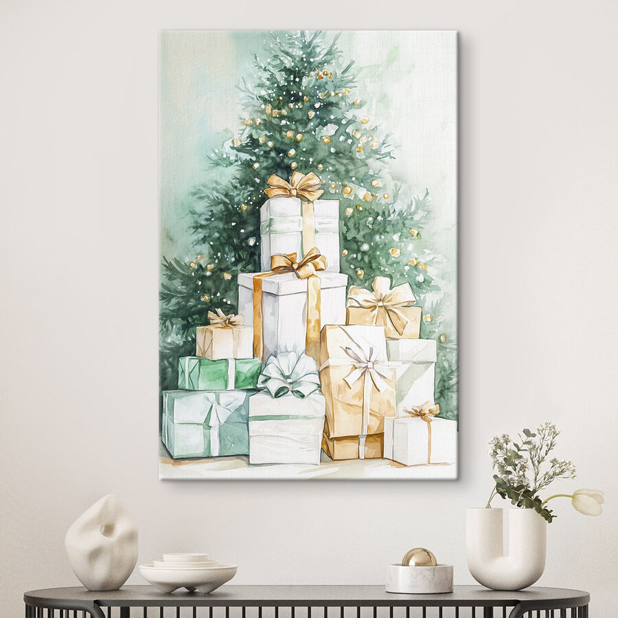 Aquarell von Geschenken unter einem Baum Aquarell von Geschenken unter einem Baum