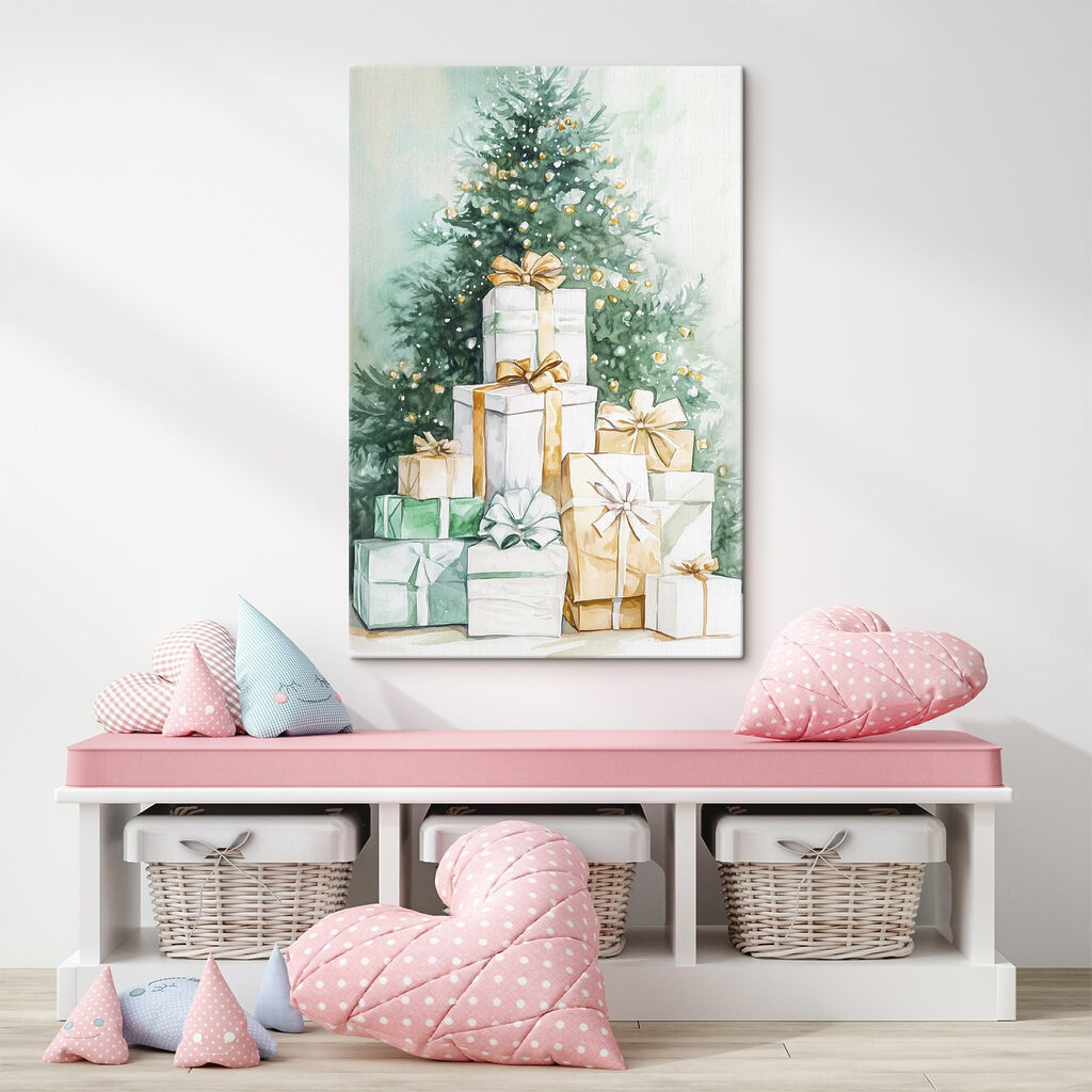 Watercolor of presents under a tree