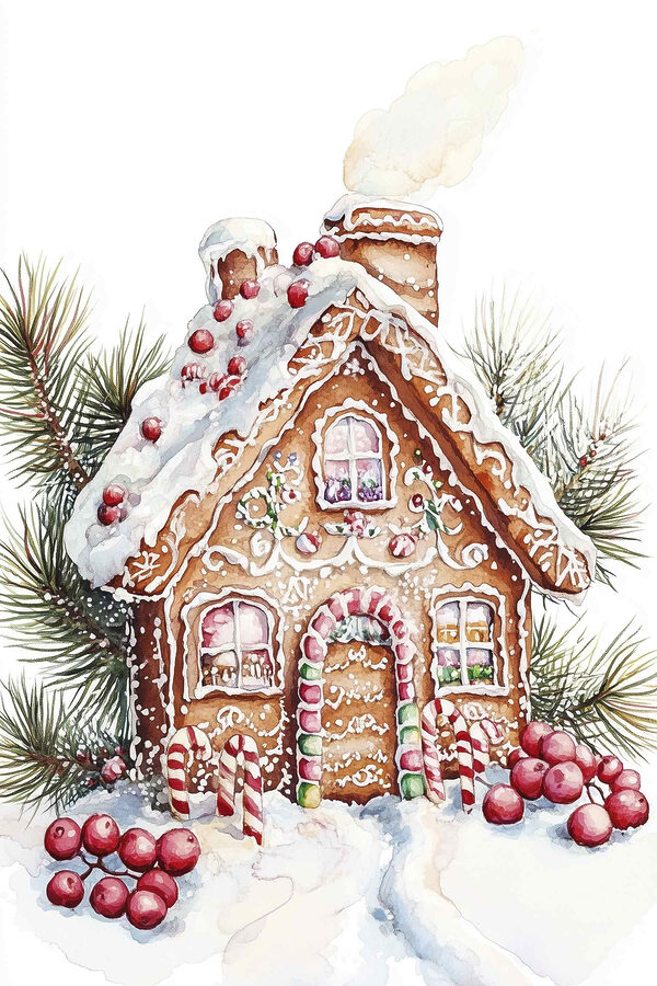 Lebkuchenhaus mit Zuckerstangen und Tannenzweigen Lebkuchenhaus mit Zuckerstangen und Tannenzweigen