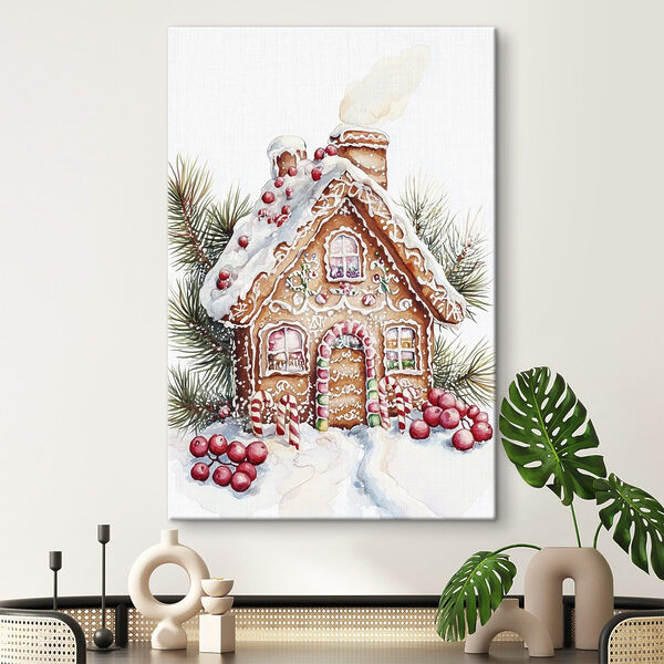Lebkuchenhaus mit Zuckerstangen und Tannenzweigen Lebkuchenhaus mit Zuckerstangen und Tannenzweigen
