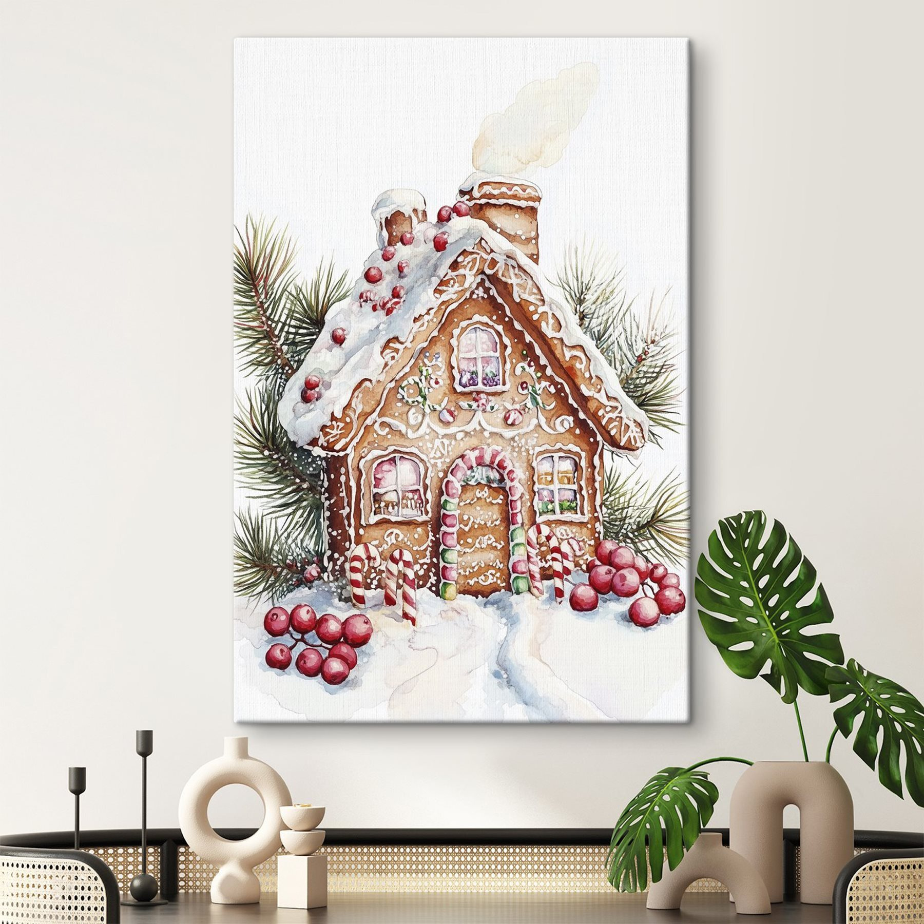 Gingerbread house with candy canes and pine branches Gingerbread house with candy canes and pine branches