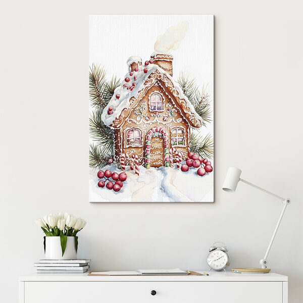 Lebkuchenhaus mit Zuckerstangen und Tannenzweigen Lebkuchenhaus mit Zuckerstangen und Tannenzweigen