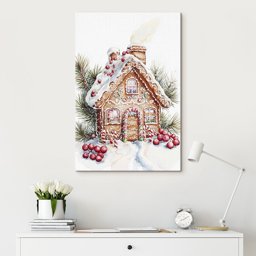 Lebkuchenhaus mit Zuckerstangen und Tannenzweigen