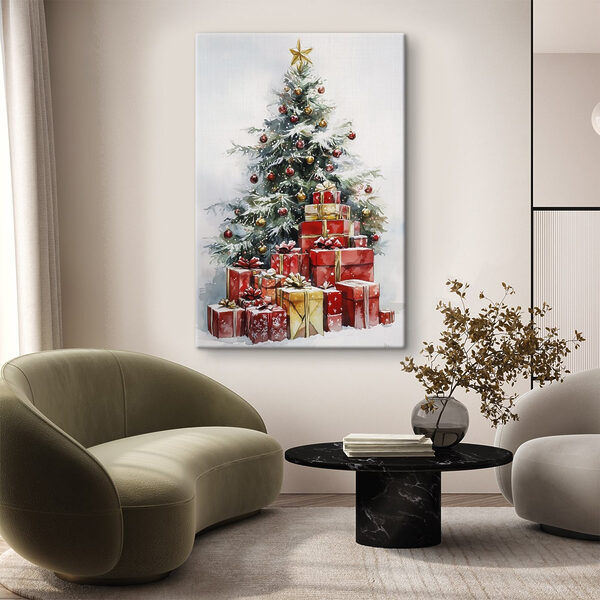 Aquarell von Geschenken unter einem Weihnachtsbaum Aquarell von Geschenken unter einem Weihnachtsbaum