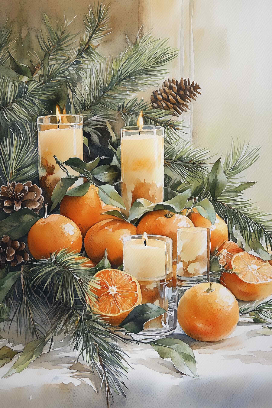 Malerei von Orangen und Kerzen