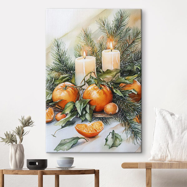 Aquarellmalerei von Orangen und Kerzen auf einem Tisch Aquarellmalerei von Orangen und Kerzen auf einem Tisch