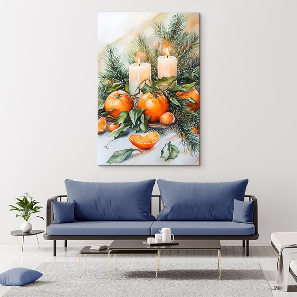 Aquarellmalerei von Orangen und Kerzen auf einem Tisch Aquarellmalerei von Orangen und Kerzen auf einem Tisch