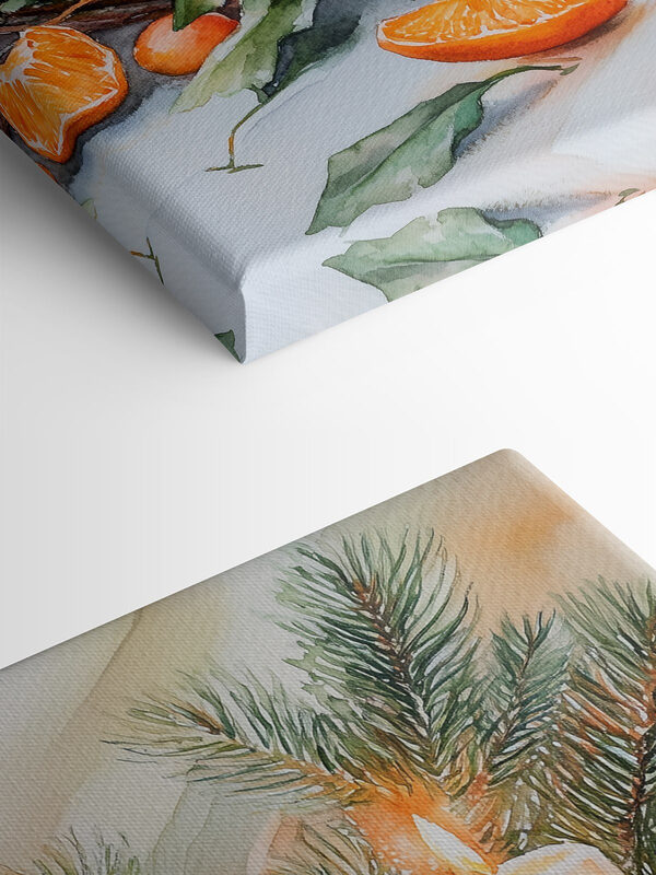 Aquarellmalerei von Orangen und Kerzen auf einem Tisch Aquarellmalerei von Orangen und Kerzen auf einem Tisch