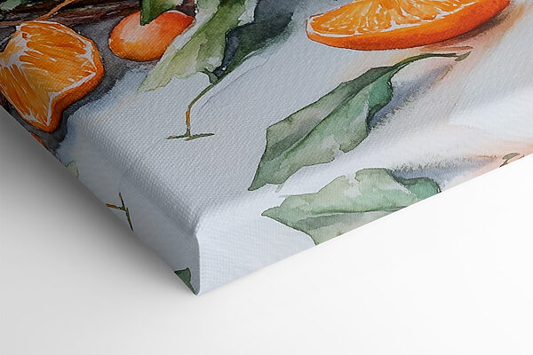 Aquarellmalerei von Orangen und Kerzen auf einem Tisch Aquarellmalerei von Orangen und Kerzen auf einem Tisch
