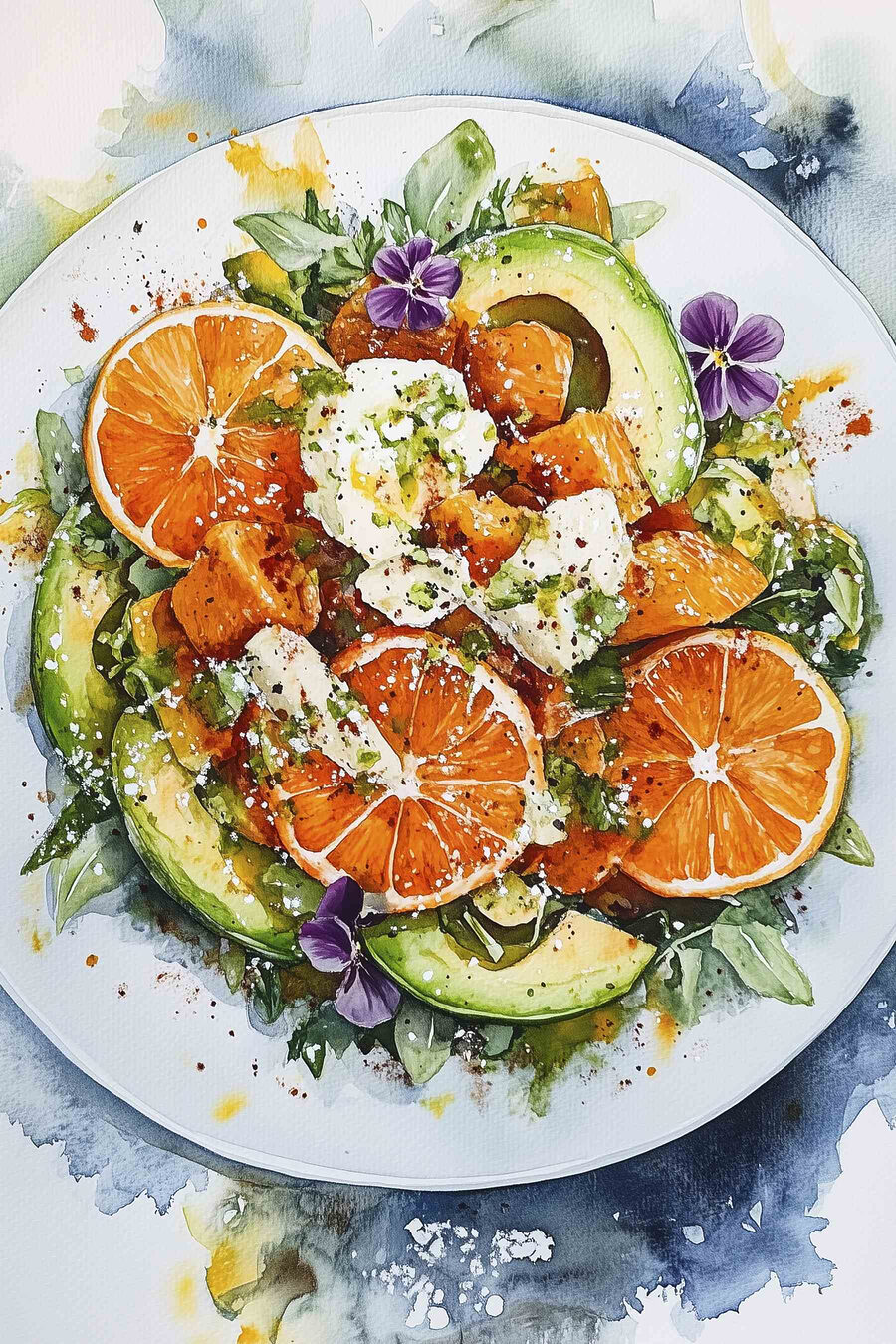 Essensteller mit Orangen und Avocado