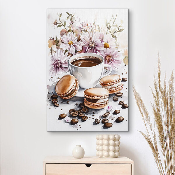 Aquarellmalerei einer Tasse Kaffee und Keksen Aquarellmalerei einer Tasse Kaffee und Keksen