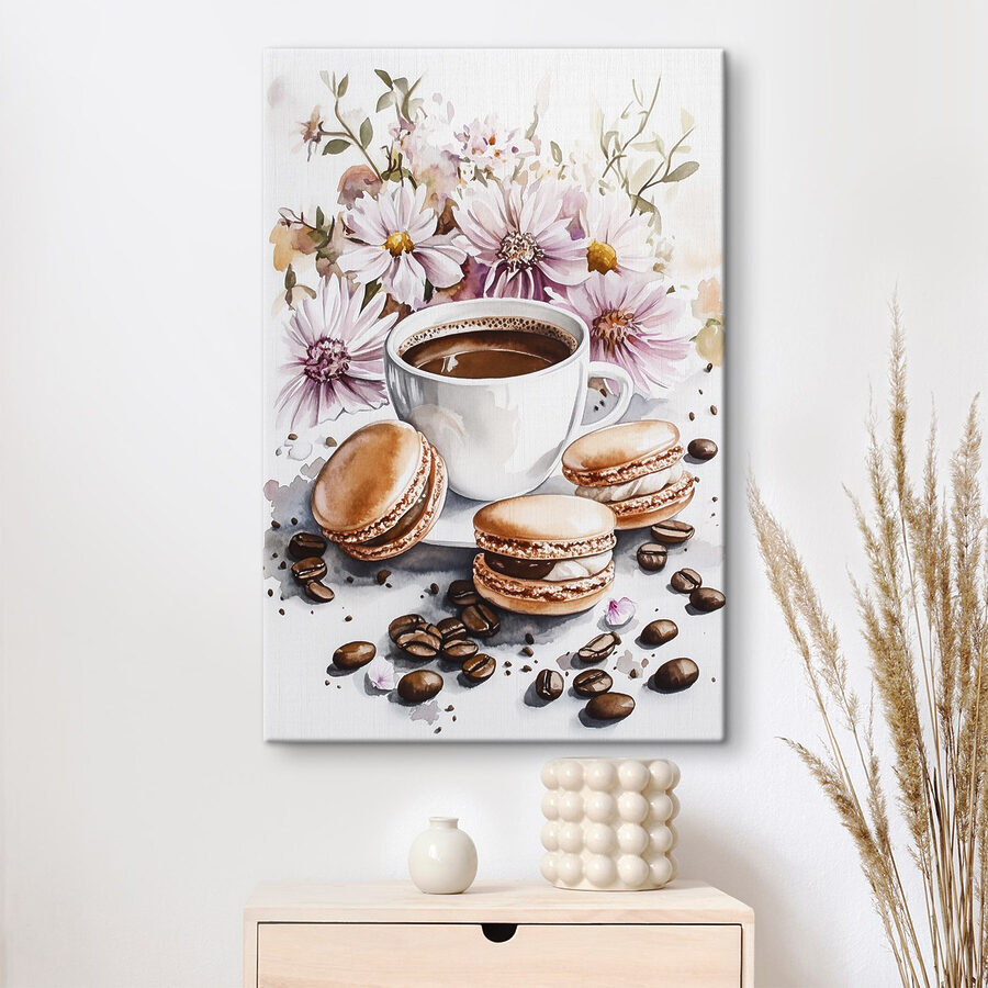 Aquarellmalerei einer Tasse Kaffee und Keksen Aquarellmalerei einer Tasse Kaffee und Keksen