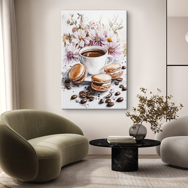 Aquarellmalerei einer Tasse Kaffee und Keksen Aquarellmalerei einer Tasse Kaffee und Keksen