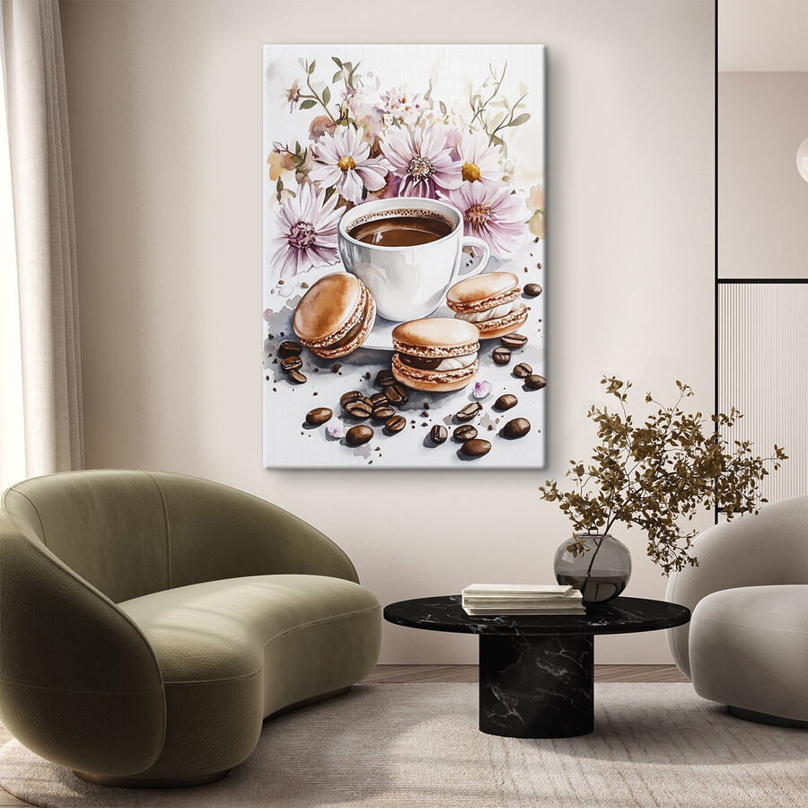 Aquarellmalerei einer Tasse Kaffee und Keksen Aquarellmalerei einer Tasse Kaffee und Keksen