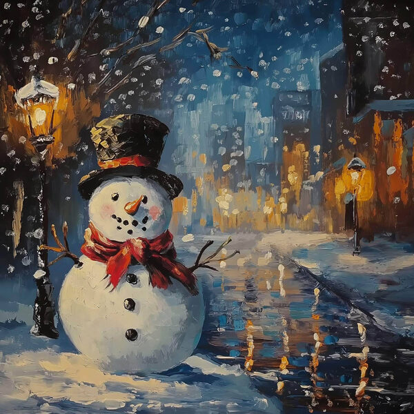 Schneemann in einer verschneiten Stadt Schneemann in einer verschneiten Stadt