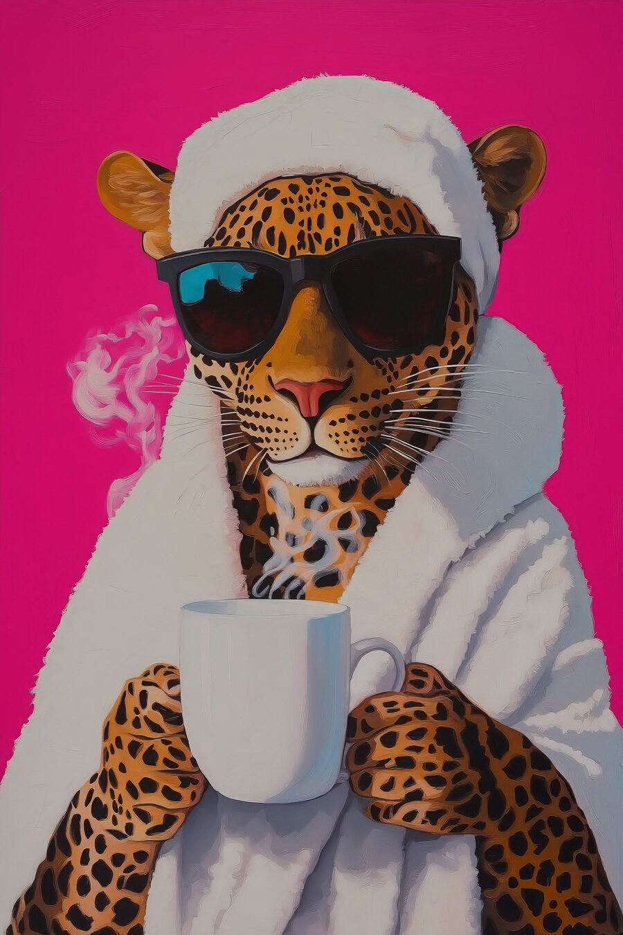 Gemälde eines Leoparden, der ein Gewand und eine Sonnenbrille trägt und eine Tasse hält