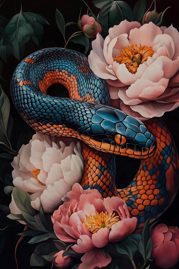 Blue and orange snake with flowers