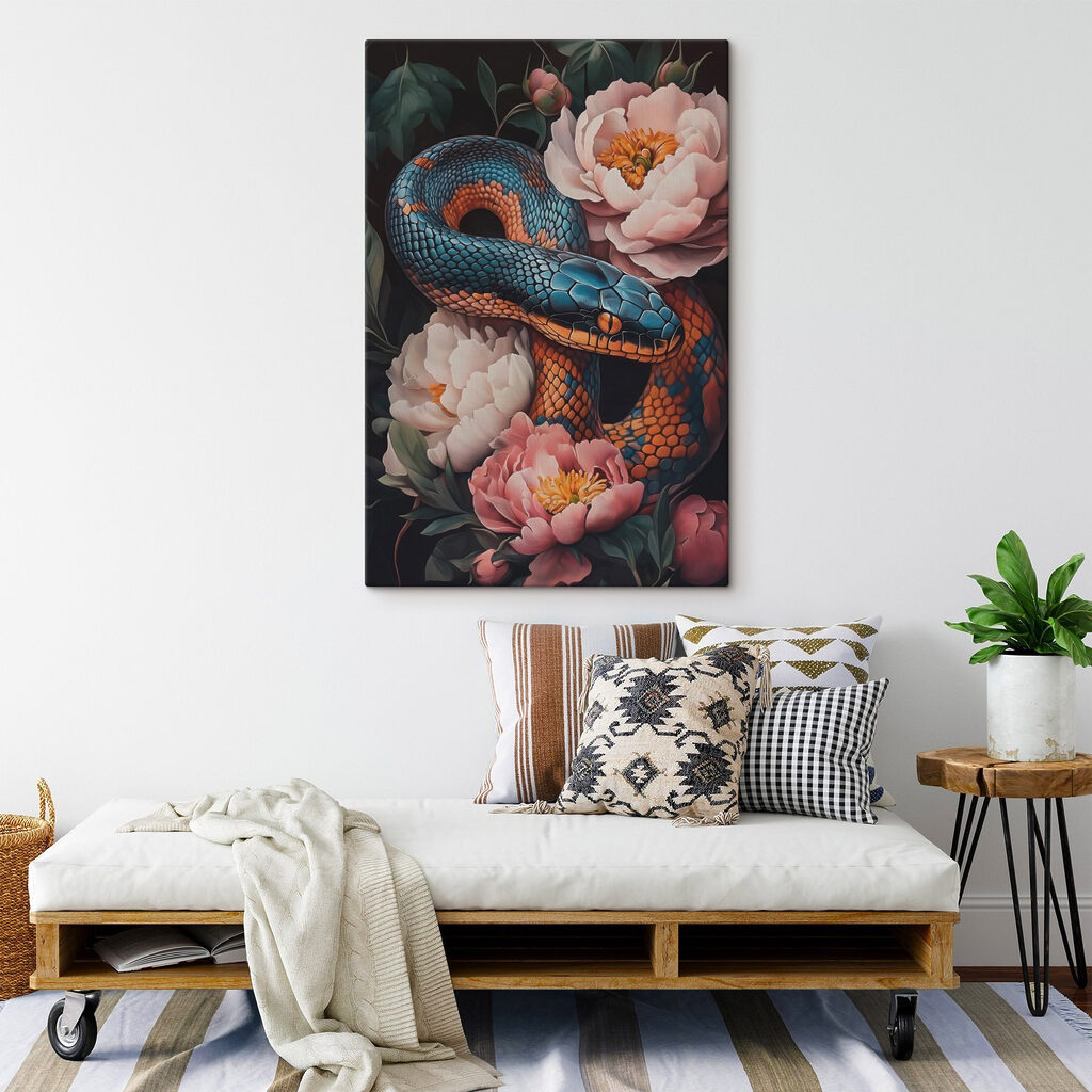 Blue and orange snake with flowers