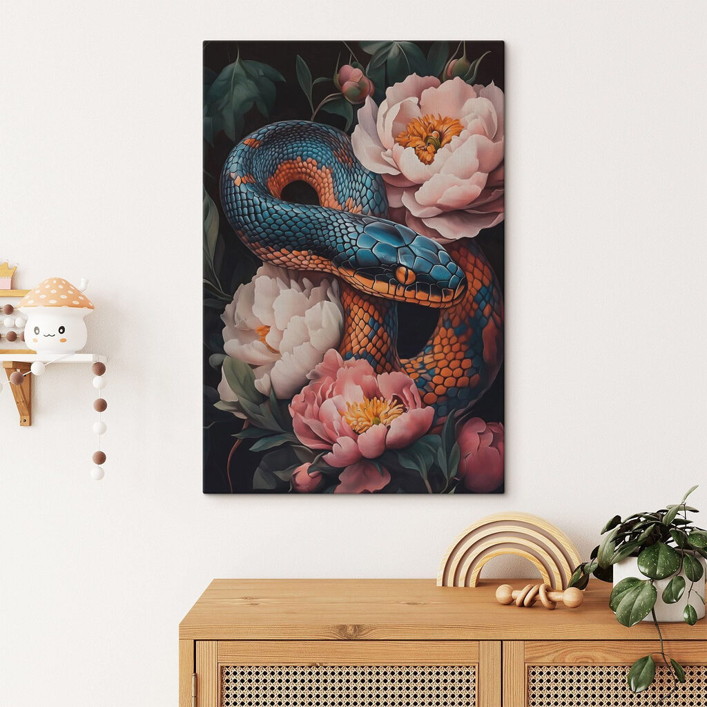 Blue and orange snake with flowers