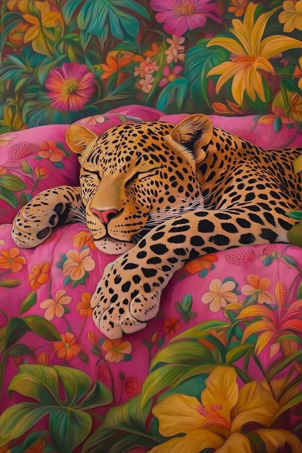 Leopard schlafend auf rosa Couch Leopard schlafend auf rosa Couch