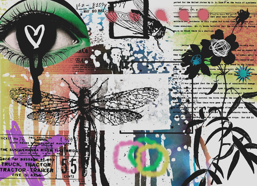 Fototapeten Collage aus Kunst mit Libellen und Blumen – Bild 5