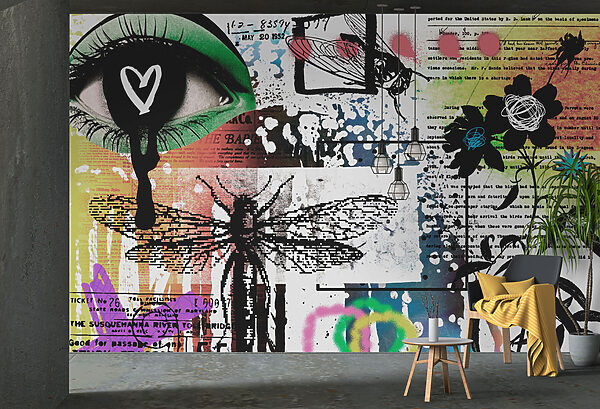 Collage aus Kunst mit Libellen und Blumen Collage aus Kunst mit Libellen und Blumen
