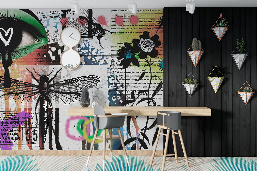 Fototapeten Collage aus Kunst mit Libellen und Blumen – Bild 3