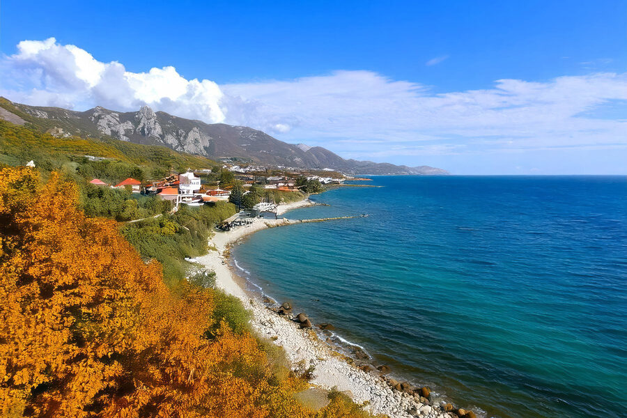 Strand mit Häusern und Bäumen an der Seite Strand mit Häusern und Bäumen an der Seite